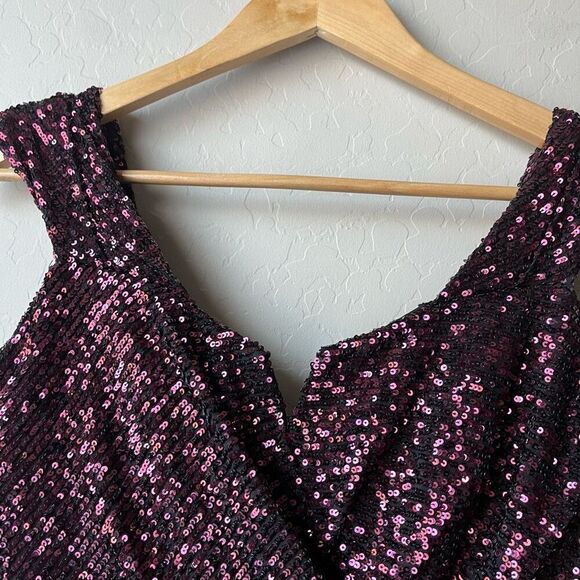 Rene Ruiz Gown Burgundy‎ Off the Shoulder Sequin Cocktail Formal Maxi Dress Sz 4 - Picture 6 of 12